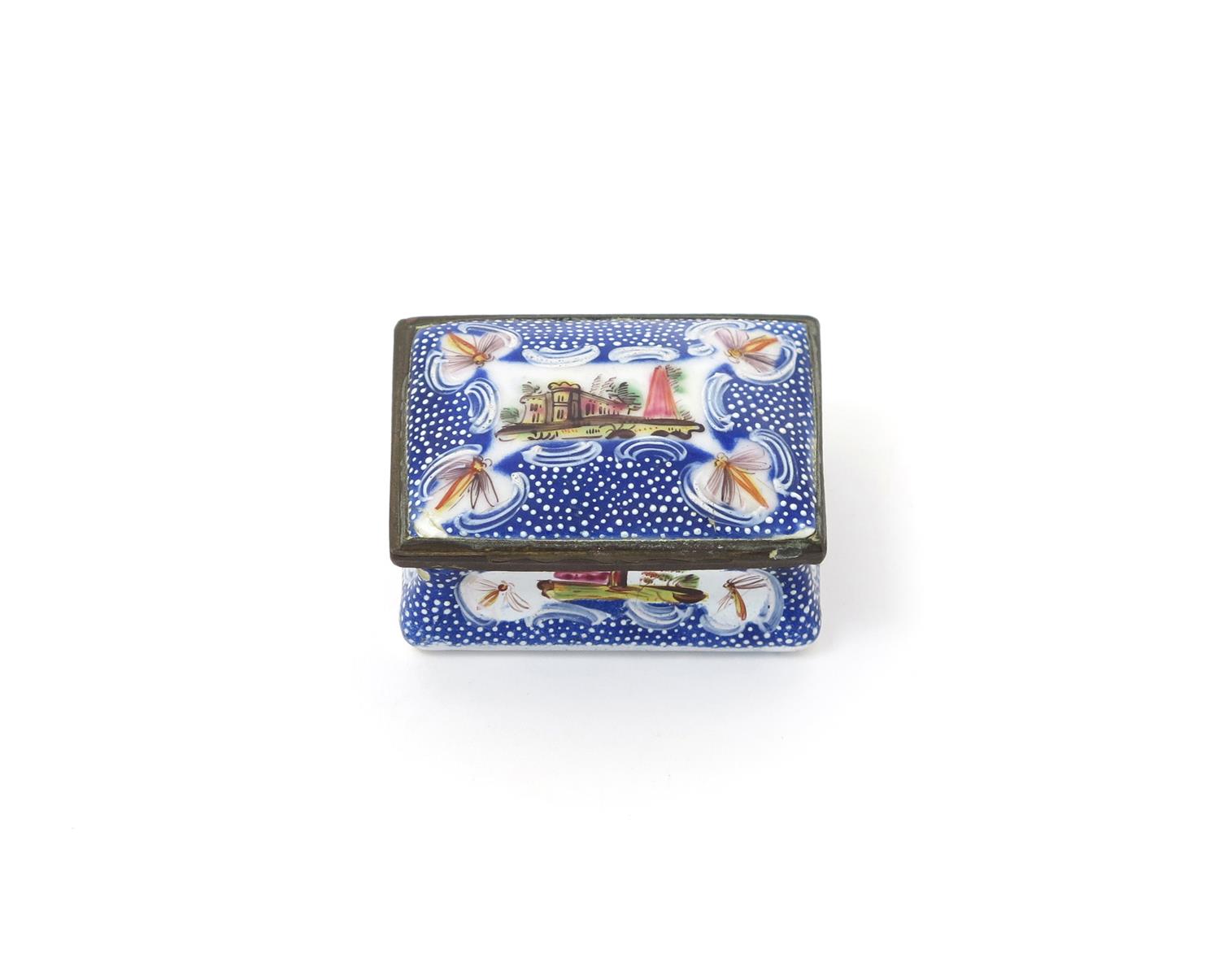 A small enamel rectangular snuff box, late 18th/early 19th century, painted with a small panel of