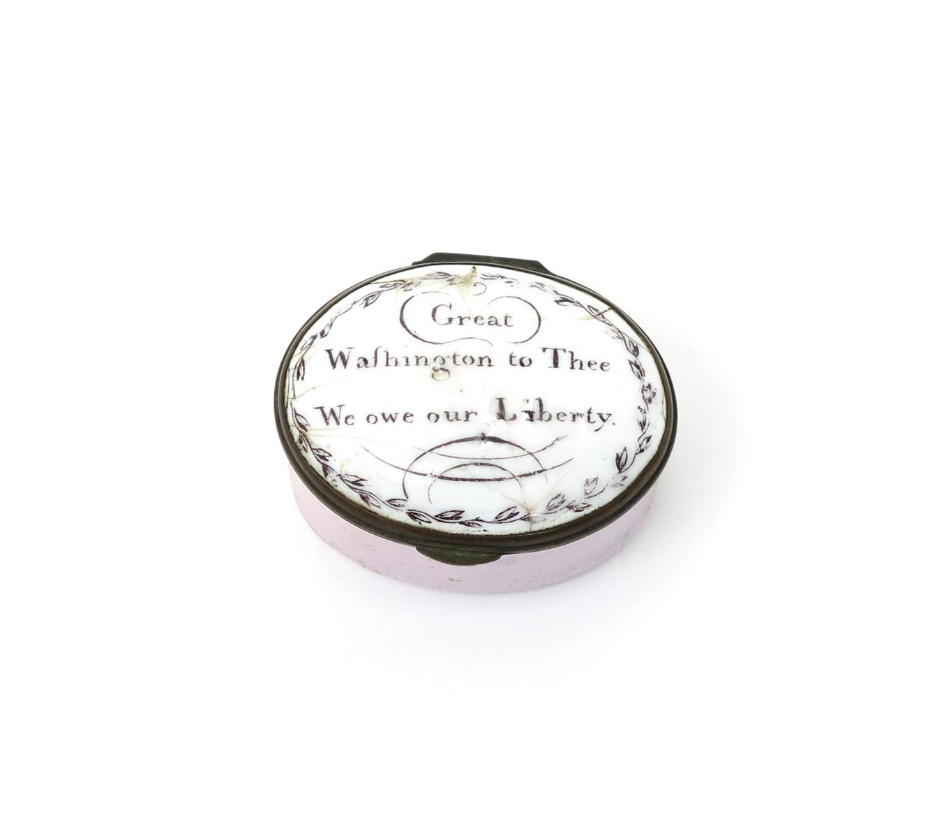 A rare Bilston enamel patch box of American interest, c.1780, the oval form titled to the lid in