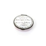 A rare Bilston enamel patch box of American interest, c.1780, the oval form titled to the lid in