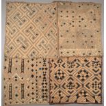 Four Kuba cloths Democratic Republic of Congo cut-pile embroidered raffia with geometric designs,