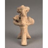 A Levantine terracotta figure of Baal seated on a throne, with his hands supporting his beard and