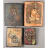 Four painted icons on panel, depicting The Virgin and Child, one with applied metal and with the all