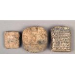 Three Sumerian cuneiform clay tablets circa 2000 BC two inscribed on both sides, 6cm, 6cm and 4cm