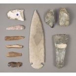 A collection of flint tools including a large Mexican blade, 23.5cm, three Egyptian knives, an