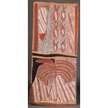 An Aboriginal bark painting Arnhem Land, Australia painted fish, a net and a Boab tree, 63.5 x