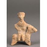 A Syro-Hittite terracotta figure of Astarte mounted on a horse seated side saddle with a high