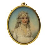 λ George Engleheart (1752-1829) Portrait miniature of a lady, half length, wearing a white dress