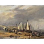 Thomas Luny (1759-1837) Coastal scene at low tide with numerous fishermen on a beach Signed and