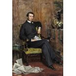 Theobald Chartran (French 1849-1907) Portrait of a gentleman, full length, seated with his dog and