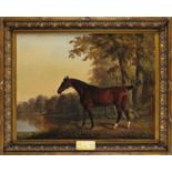 Follower of George Stubbs A.R.A. A dark bay hunter in a wooded lake landscape, painted for a