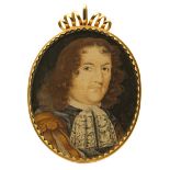 λ D.M (British c.1664) Portrait miniature of a gentleman, head and shoulders, with long hair, grey