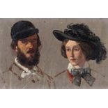 French School c.1895 A lady in a plumed hat and a gentleman in a cap Oil on paper laid down on board