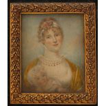 λ English School 19th Century Portrait miniature of a lady holding her baby Rectangular, in a leaf