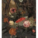 Circle of Matthias Witthoos Roses, a peach and a bowl of frais du bois on a ledge with grapes,