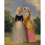 English School 19th Century Elegant ladies in costume Two, both oil on board Each 23 x 17.5cm; 9 x