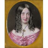 λ W. Hatton c.1851 Portrait miniature of a Miss Atkinson with ringlets, wearing pink Inscribed on