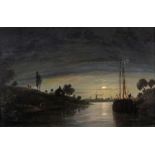 Circle of Henry Pether Moonlit scene with boats on a river, a windmill beyond Oil on panel 22 x