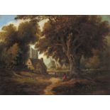 English School 19th Century A figure in a wooded landscape, a castle and windmill beyond Oil on