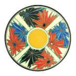 'Umbrellas' a Clarice Cliff Fantasque Bizarre wall plate, painted in colours inside a black band,