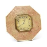 λ A shagreen and ivory mounted travel desk clock, octagonal, on easel back, pink stained shagreen