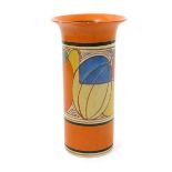 'Melon' a Clarice Cliff vase, painted in colours between orange and black bands, printed factory