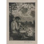 Hans Thoma, (1839-1924) Arenlide, (pan playing a Pipe) 1920 etching on paper, framed signed with