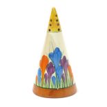 'Crocus' a Clarice Cliff Bizarre Conical sugar sifter, painted in colours between yellow and brown