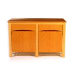 An Andrew Varah exotic wood veneer sideboard, designed by Andrew Varah, twin-drawer above shelved