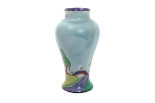 'Inspiration Caprice' a Clarice Cliff Mei Ping vase, painted in colours on a turquoise blue - Image 2 of 2