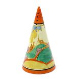 'Seven Colour Secrets' a Clarice Cliff Fantasque Bizarre Conical sugar sifter, painted in colours