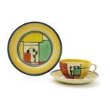 'Branch and Squares' a Clarice Cliff Bizarre Globe tea cup saucer and side plate, painted in colours