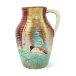 'Forest Glen' a Clarice Cliff single-handled Lotus jug, painted in colours on a running Delecia