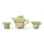 'Green Hydrangea' a Clarice Cliff Bizarre Daffodil tea trio, painted in colours, comprising teapot