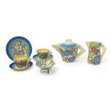 'Blue Chintz' a Clarice Cliff Bizarre large Conical tea set for two, painted in colours,