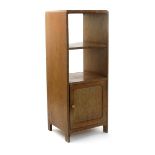 A Heal's style oak bookshelf and cupboard, slender square section, the cupboard with hinged door and