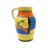 'Sunray' a Clarice Cliff Bizarre single-handled Lotus Jug, painted in colours between orange, yellow