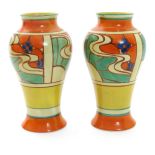 'Sunrise' a pair of Clarice Cliff Fantasque Bizarre Mei Ping vases, retailed by Lawley's, painted in