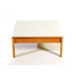 A Heal's oak veneer occasional table, square section top, unsigned, 74cm. square, 34cm. high