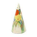 'Delecia Citrus' a Clarice Cliff Bizarre Conical sugar sifter, painted in colours on a running