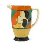 'Feather and Leaves' a Clarice Cliff Fantasque Bizarre Athens jug, painted in colours between orange