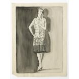‡ Dorte Clara Dodo Burgner, (1907-1998) Woman in a Floral Dress an ink on card fashion design,