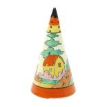 'Orange Roof Cottage' a Clarice Cliff Conical sugar sifter, painted in colours between yellow,