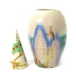 'Waverly' a Clarice Cliff Conical sugar sifter, painted in colours, and a Bizarre vase painted in