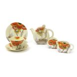 'Rhodanthe' a Clarice Cliff Bizarre Bon Jour Bachelor tea set, comprising teapot and cover, Stamford