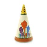 'Crocus' a Clarice Cliff Bizarre Conical sugar sifter, painted in colours between yellow and brown