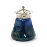 A James Powell & Son Whitefriars glass inkwell with silver cover, blue glass internally decorated