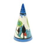 'May Avenue' a rare Clarice Cliff Bizarre Conical sugar sifter, painted in colours between black and