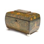 λ A Regency penwork sarcophagus shape tea caddy, decorated with chinoiserie figures and birds,