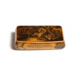 An early 19th century Scottish Mauchline ware sycamore and penwork snuffbox, the hinged lid