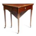 A corner drop-leaf table, the hinged top on a single gate support, with a pair of hinged frieze